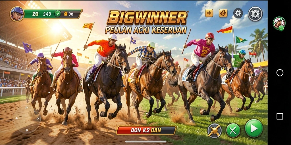 Tangkapan layar dari gameplay BIGWINNER yang seru dan penuh aksi balapan.